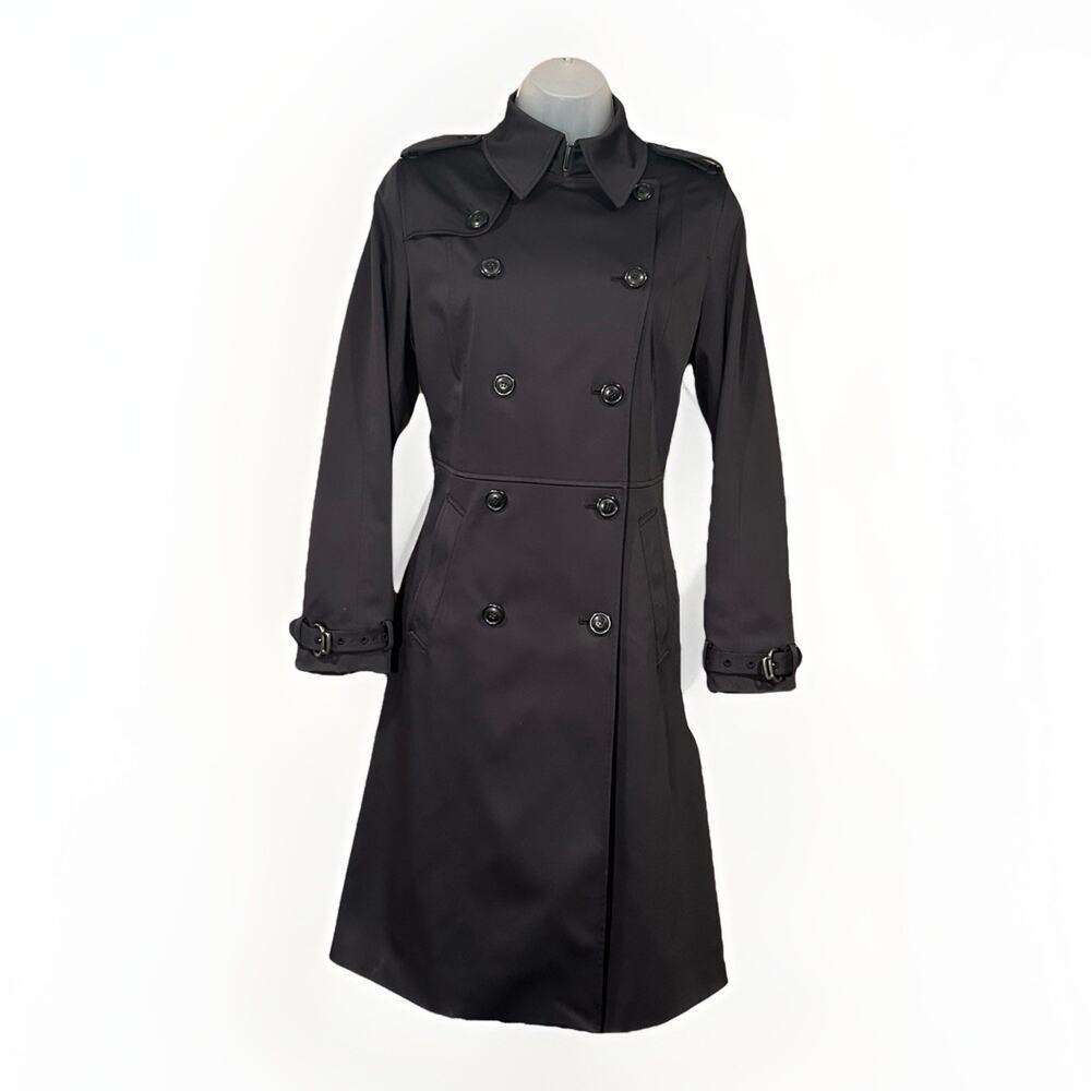 Cole Haan Double Breasted Trench Coat Women's Size 4 Black Satin Lined Classic - Picture 1 of 16